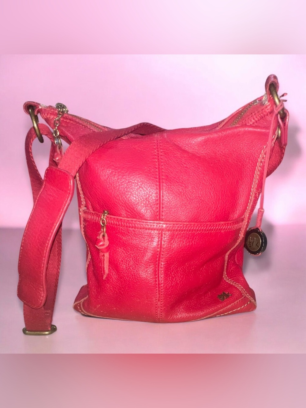 The Sak Lucia Red Pink Leather Crossbody Bag Hobo Shoulder Purse Medium Charm